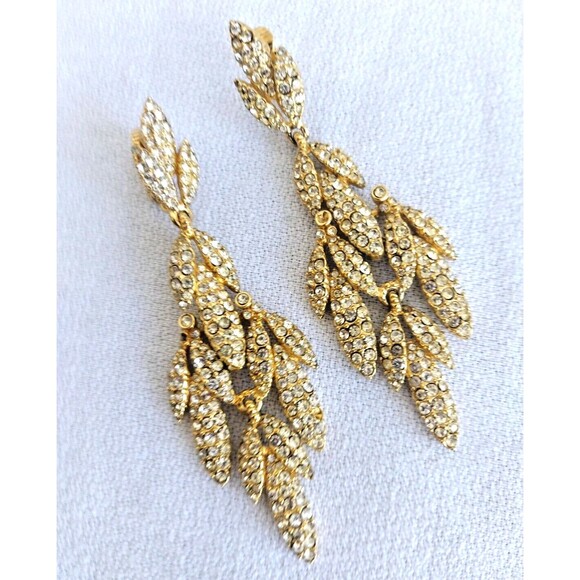 Vintage Ciner Leaf Drop Dangle Rhinestone Gold Plated Clip Earrings 3.1/4 in - Picture 2 of 8